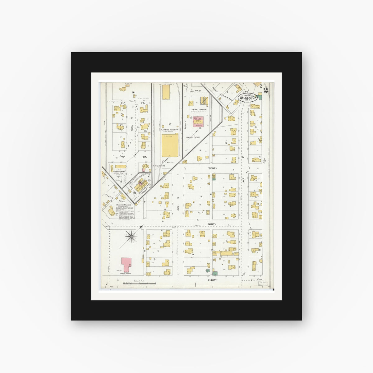 Old map wall art mockup — black gallery frame with white mat — Sanborn Fire Insurance Map from Walkerton, Saint Joseph County, Indiana (1904), Sheet #0002