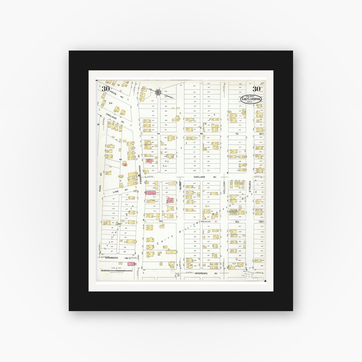 Old map wall art mockup — black gallery frame with white mat — Sanborn Fire Insurance Map from East Liverpool, Columbiana County, Ohio (1923), Sheet #0030