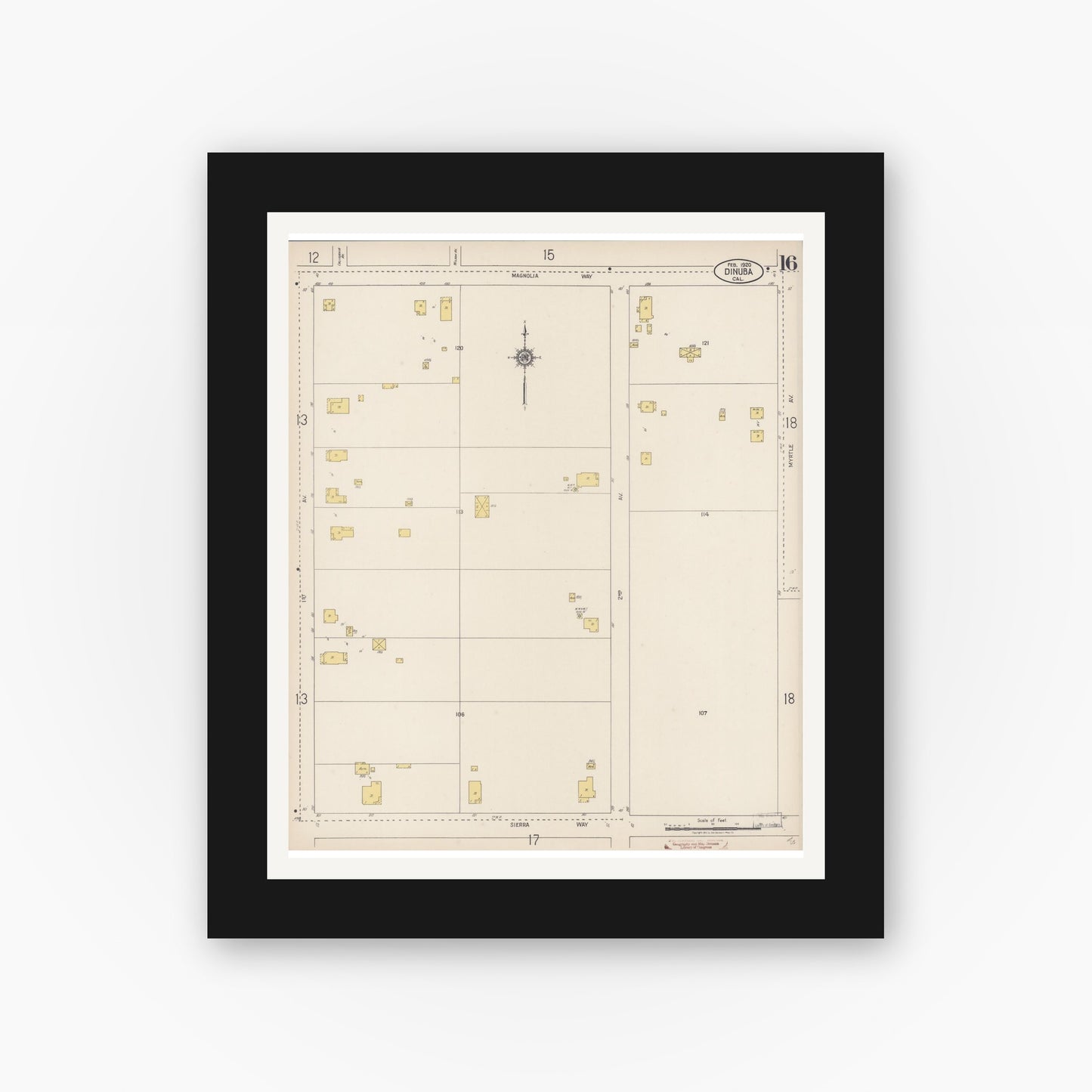 Old map wall art mockup — black gallery frame with white mat — Sanborn Fire Insurance Map from Dinuba, Tulare County, California (1920), Sheet #0016