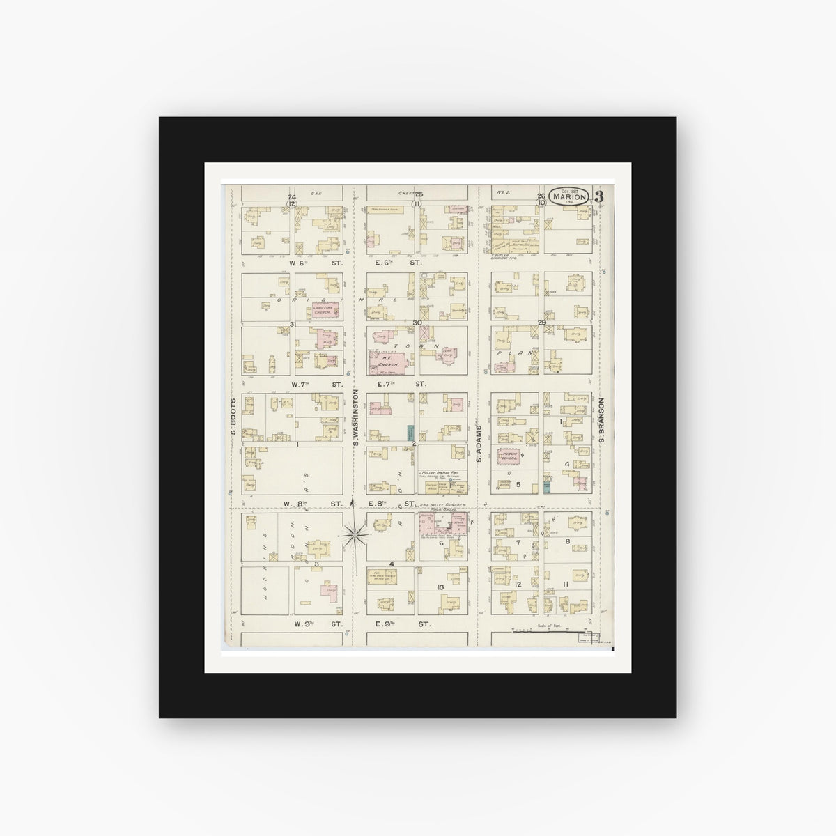 Old map wall art mockup — black gallery frame with white mat — Sanborn Fire Insurance Map from Marion, Grant County, Indiana (1887), Sheet #0003
