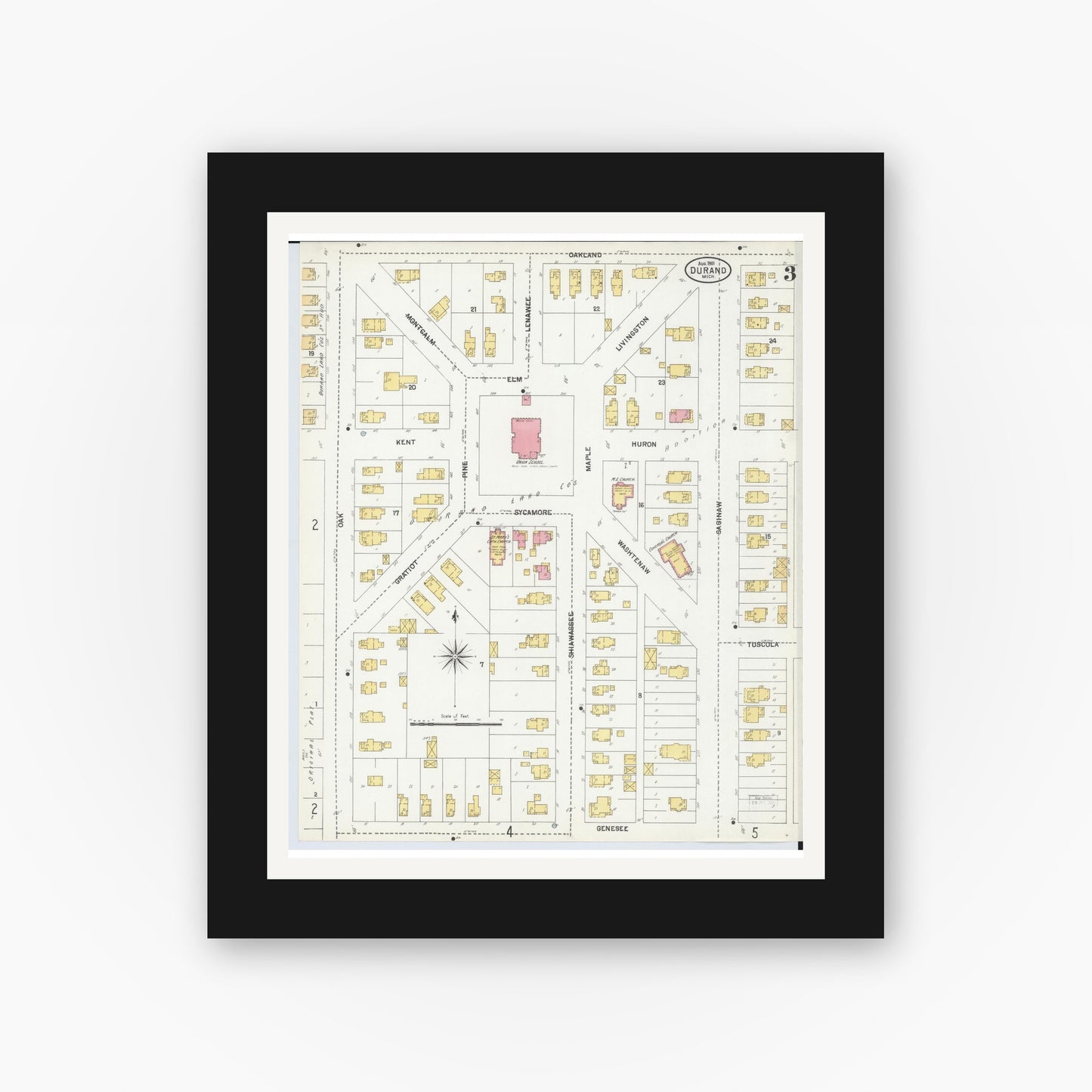 Old map wall art mockup — black gallery frame with white mat — Sanborn Fire Insurance Map from Durand, Shiawassee County, Michigan (1901), Sheet #0003