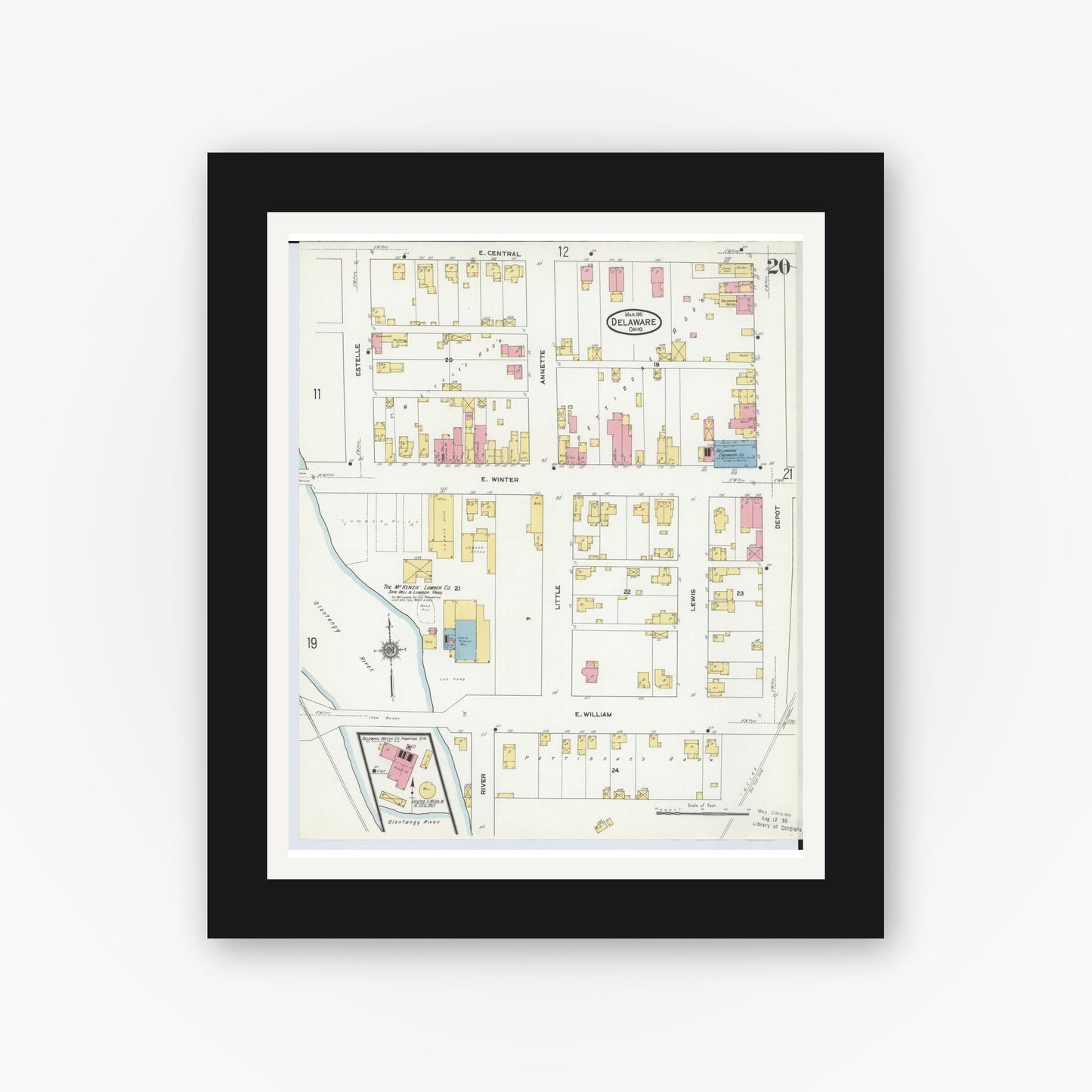 Old map wall art mockup — black gallery frame with white mat — Sanborn Fire Insurance Map from Delaware, Delaware County, Ohio (1911), Sheet #0020