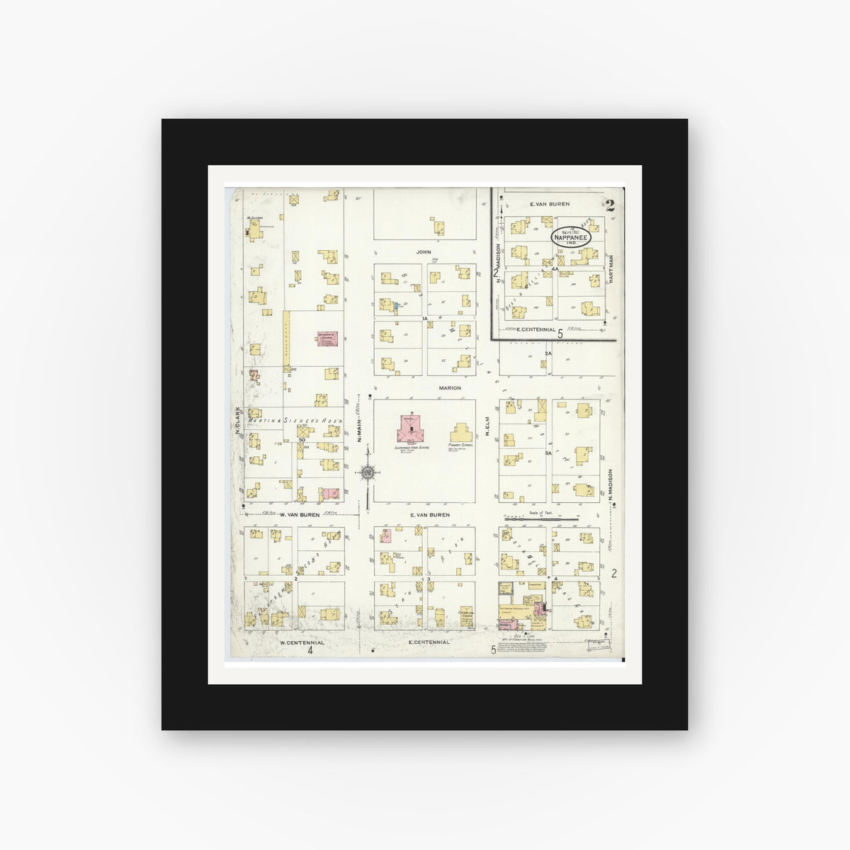 Old map wall art mockup — black gallery frame with white mat — Sanborn Fire Insurance Map from Nappanee, Elkhart County, Indiana (1910), Sheet #0002