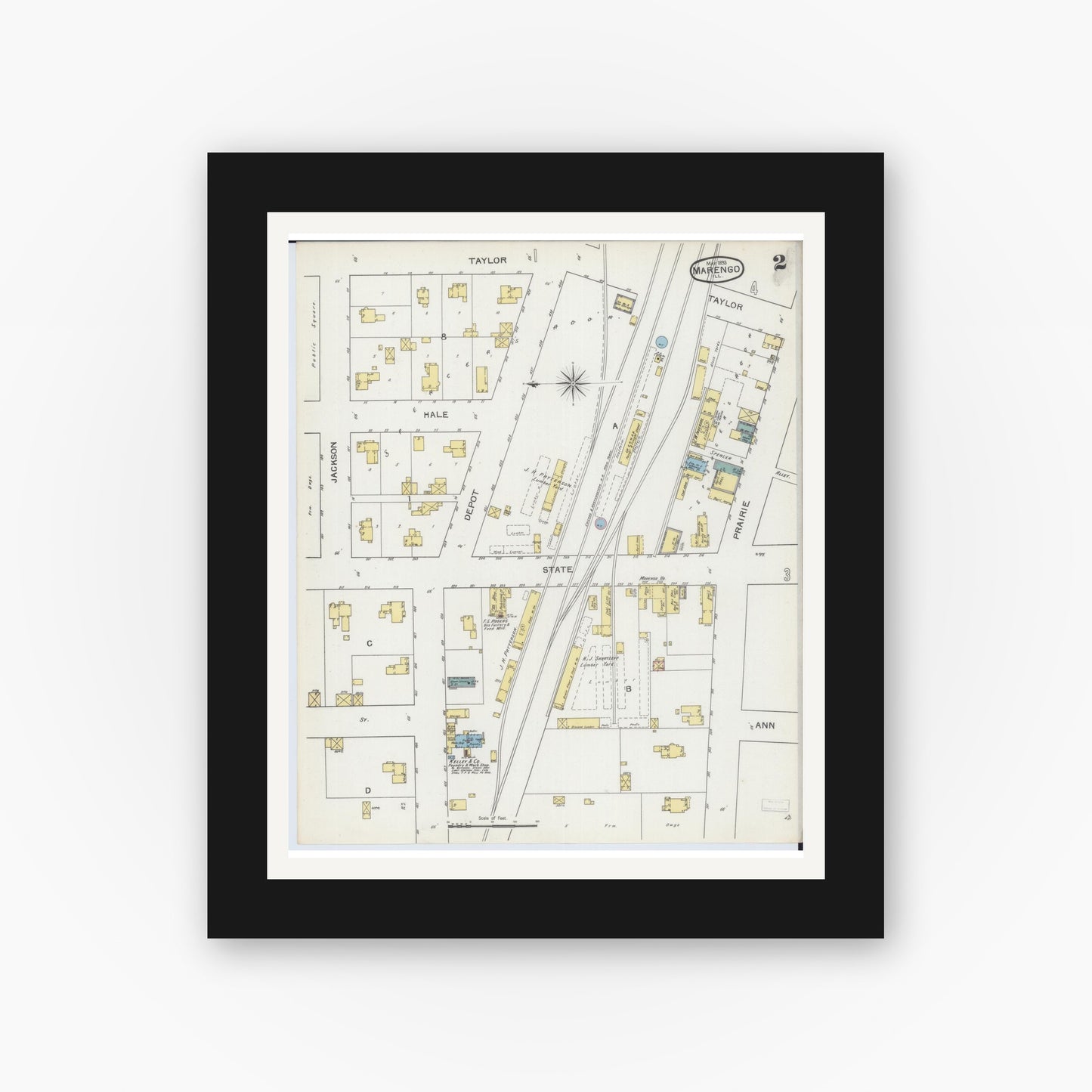Old map wall art mockup — black gallery frame with white mat — Sanborn Fire Insurance Map from Marengo, McHenry County, Illinois (1893), Sheet #0002