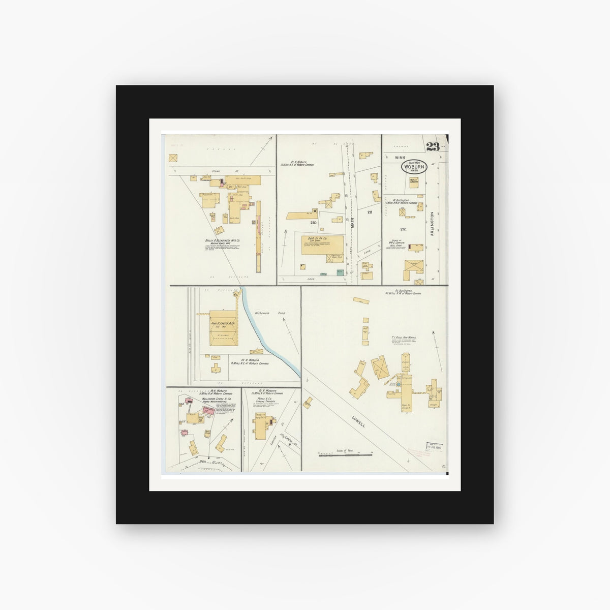 Old map wall art mockup — black gallery frame with white mat — Sanborn Fire Insurance Map from Woburn, Middlesex County, Massachusetts (1904), Sheet #0023