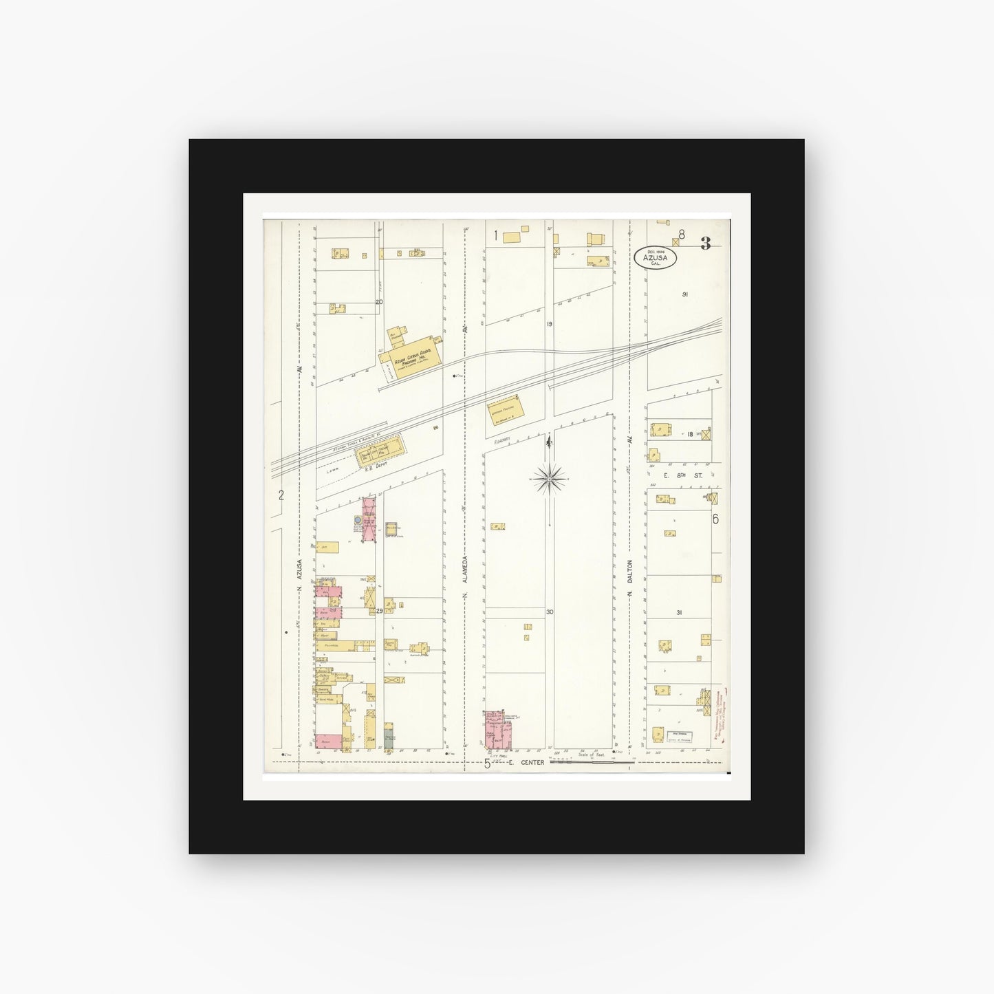 Old map wall art mockup — black gallery frame with white mat — Sanborn Fire Insurance Map from Azusa, Los Angeles County, California (1906), Sheet #0003
