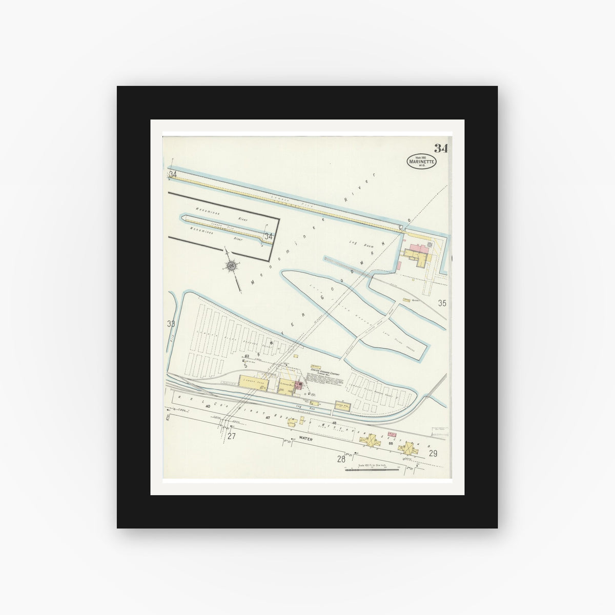 Old map wall art mockup — black gallery frame with white mat — Sanborn Fire Insurance Map from Marinette, Marinette County, Wisconsin (1910), Sheet #0034