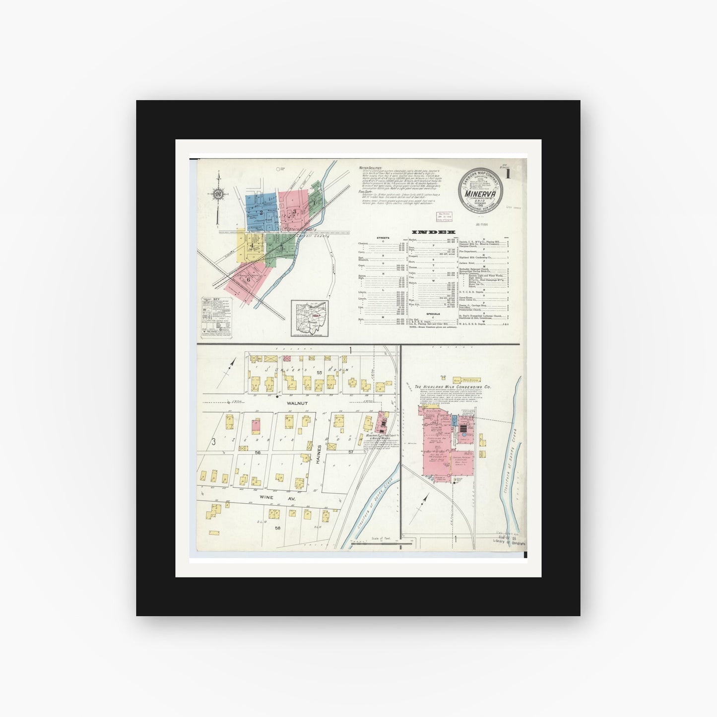 Old map wall art mockup — black gallery frame with white mat — Sanborn Fire Insurance Map from Minerva, Stark And Carroll Counties, Ohio (1915), Sheet #0001