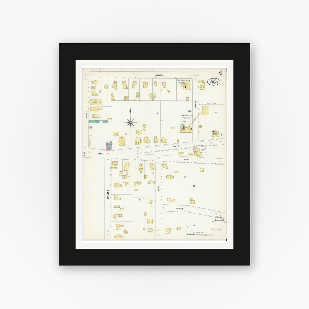 Old map wall art mockup — black gallery frame with white mat — Sanborn Fire Insurance Map from Sodus, Wayne County, New York (1906), Sheet #0004