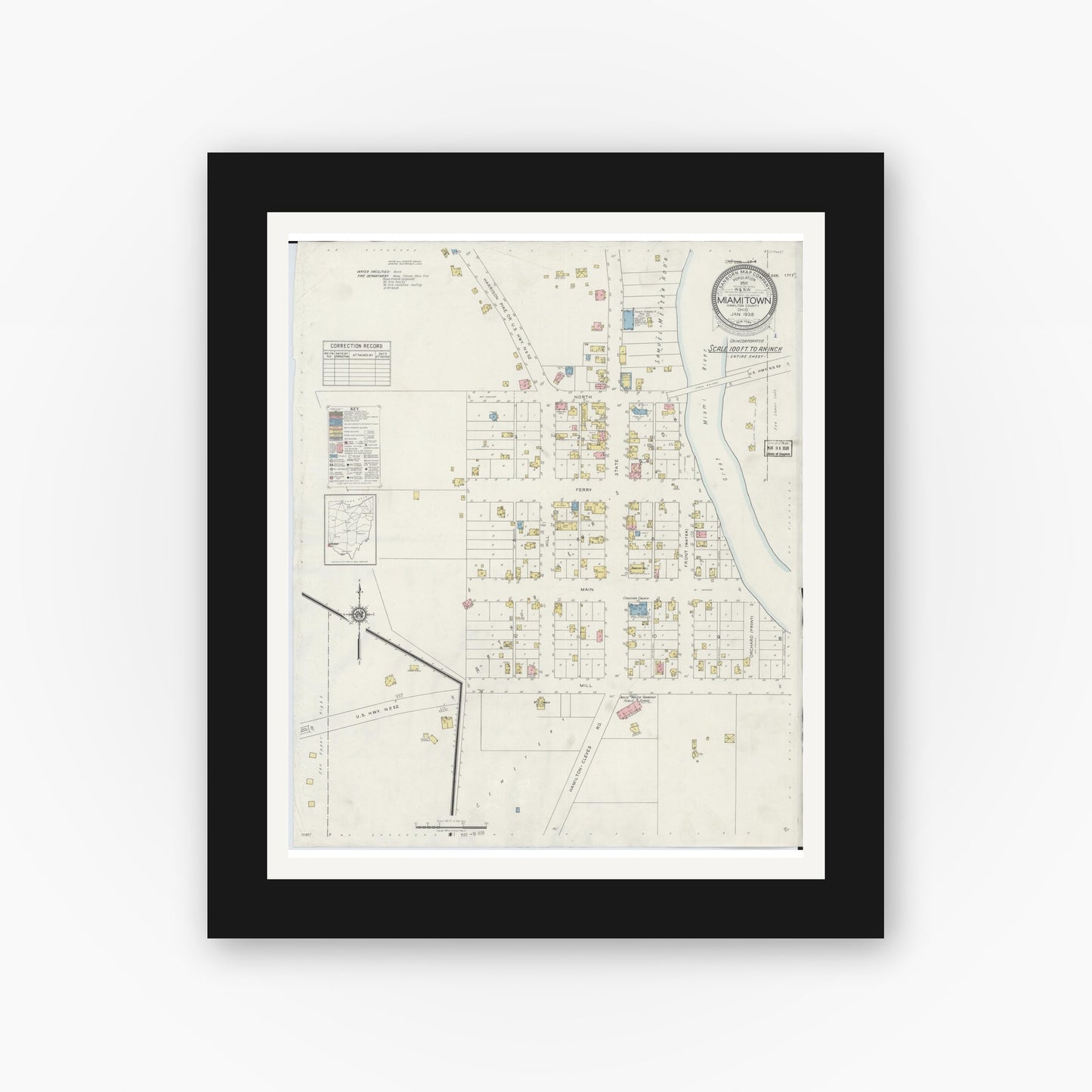 Old map wall art mockup — black gallery frame with white mat — Sanborn Fire Insurance Map from Miamitown, Hamilton County, Ohio (1938), Sheet #0001