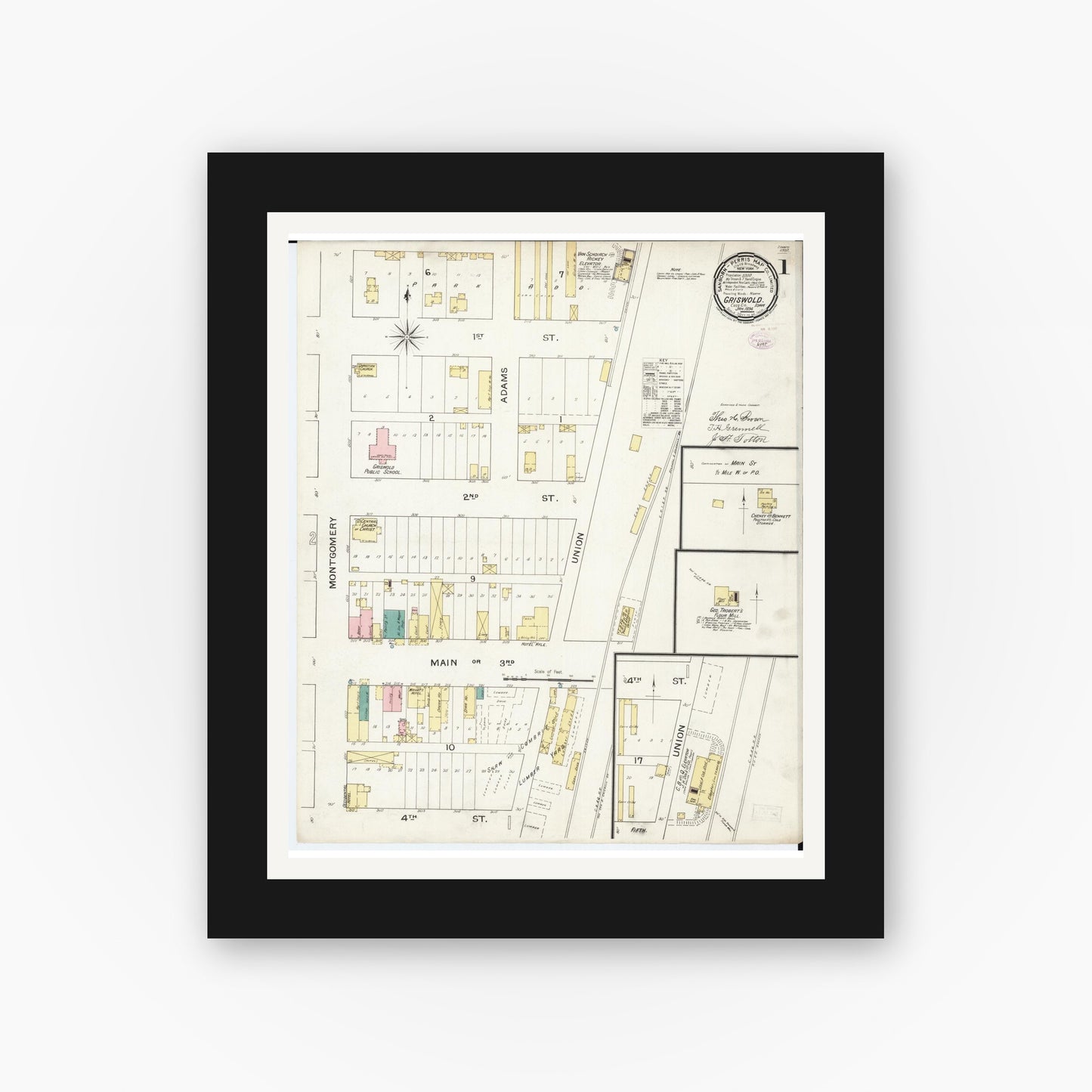 Old map wall art mockup — black gallery frame with white mat — Sanborn Fire Insurance Map from Griswold, Cass County, Iowa (1894), Sheet #0001