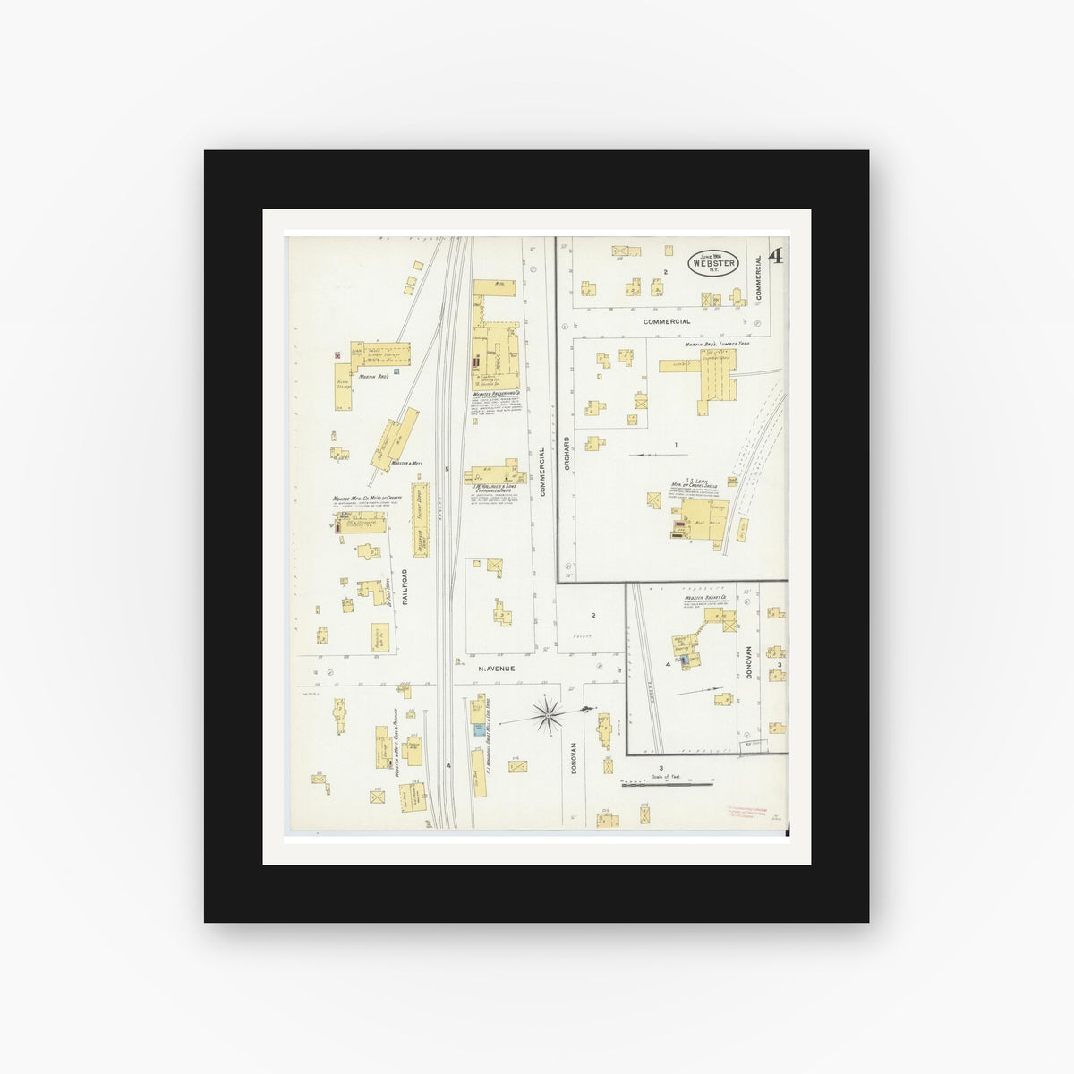 Old map wall art mockup — black gallery frame with white mat — Sanborn Fire Insurance Map from Webster, Monroe County, New York (1906), Sheet #0004