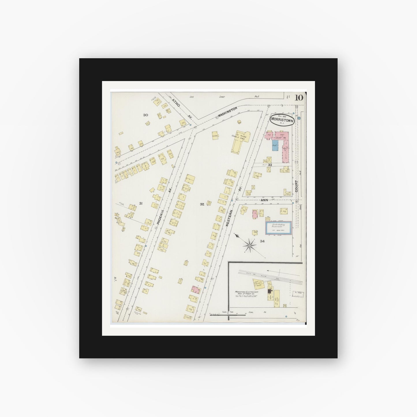 Old map wall art mockup — black gallery frame with white mat — Sanborn Fire Insurance Map from Morristown, Morris County, New Jersey (1890), Sheet #0010