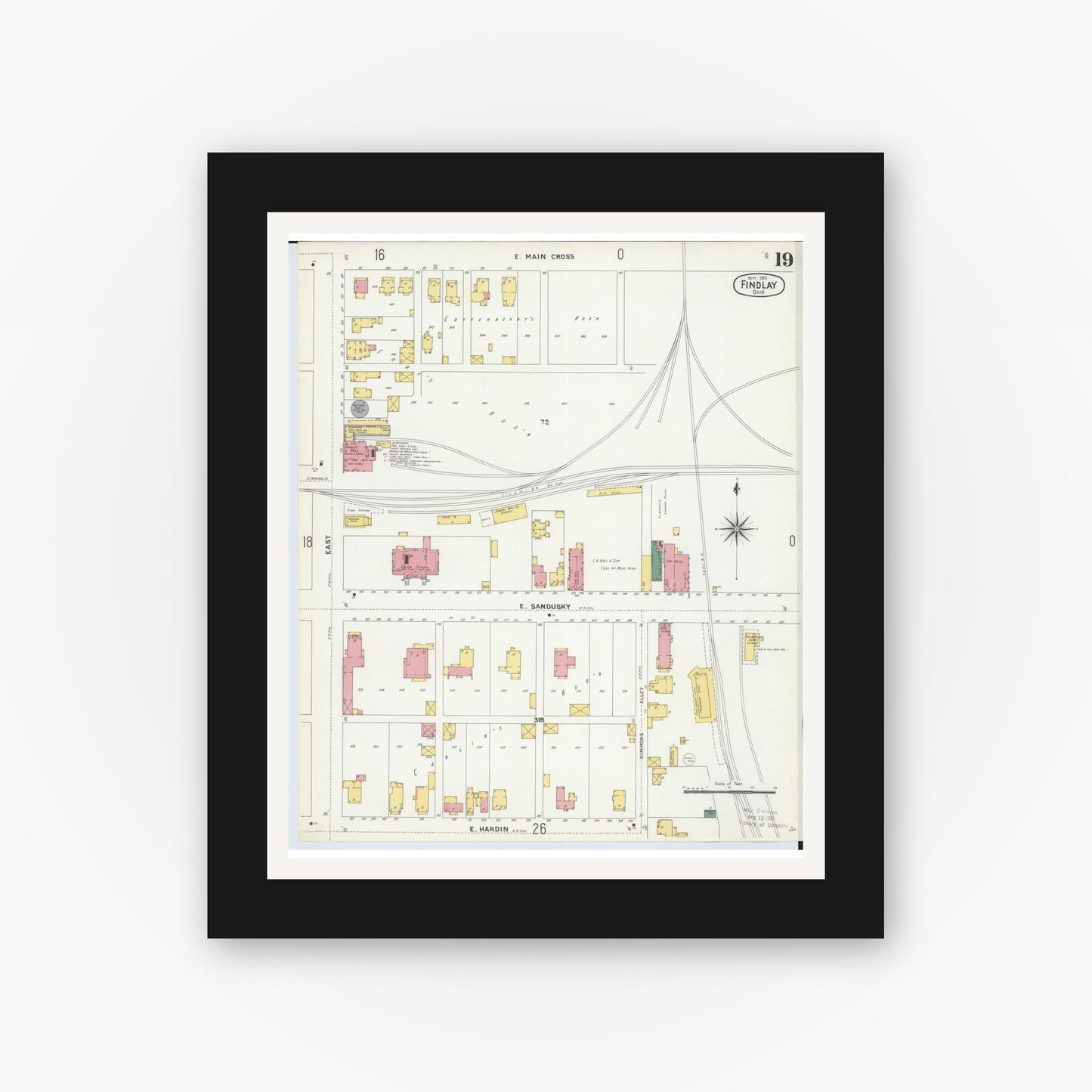 Old map wall art mockup — black gallery frame with white mat — Sanborn Fire Insurance Map from Findlay, Hancock County, Ohio (1901), Sheet #0019