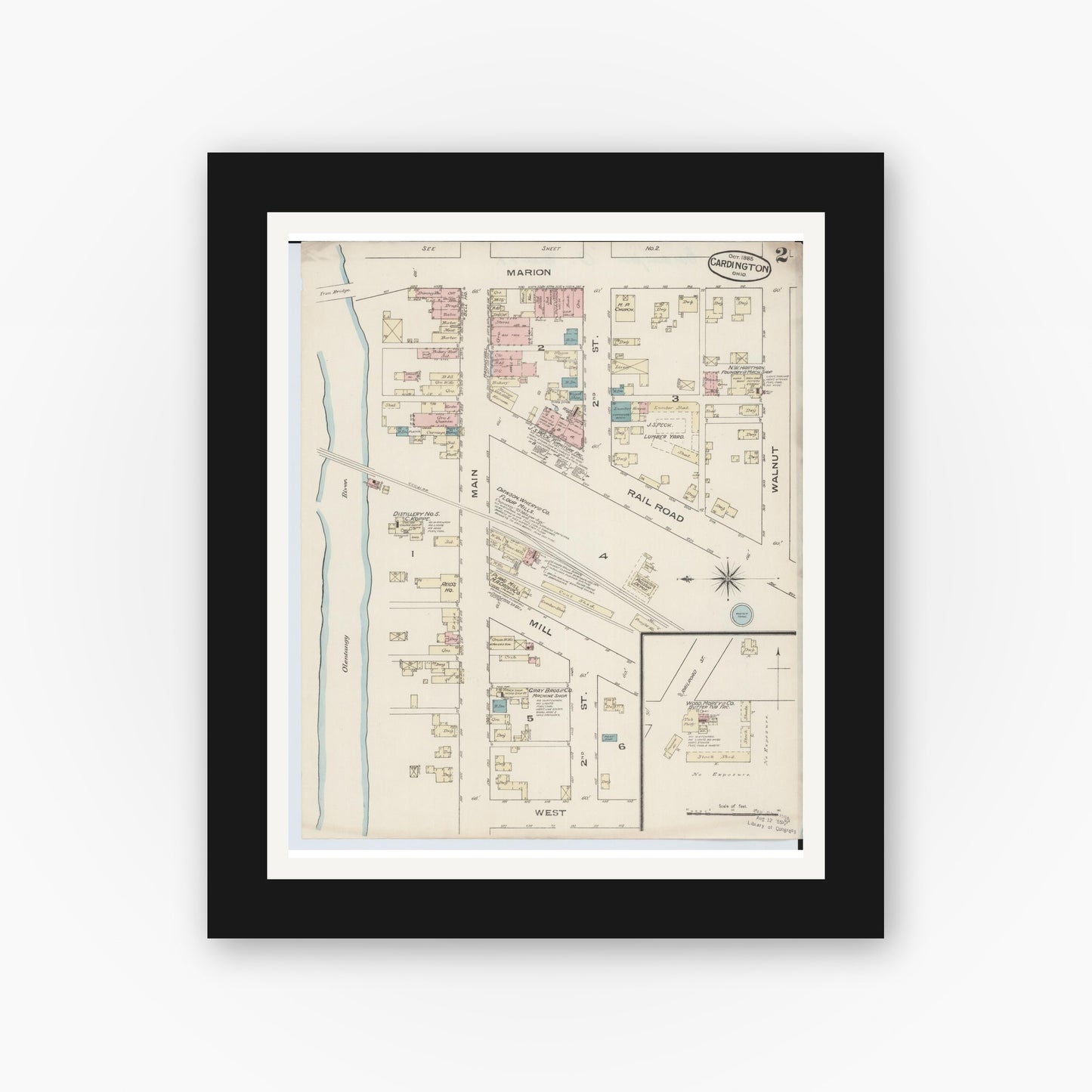 Old map wall art mockup — black gallery frame with white mat — Sanborn Fire Insurance Map from Cardington, Morrow County, Ohio (1885), Sheet #0002
