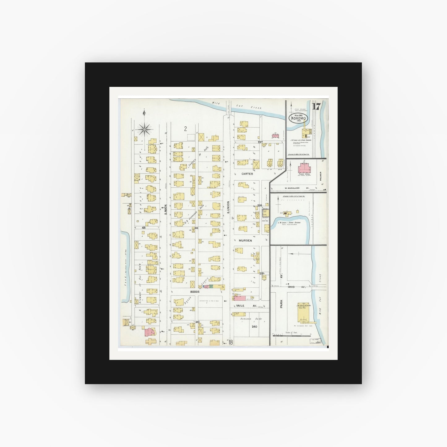 Old map wall art mockup — black gallery frame with white mat — Sanborn Fire Insurance Map from Kokomo, Howard County, Indiana (1902), Sheet #0017
