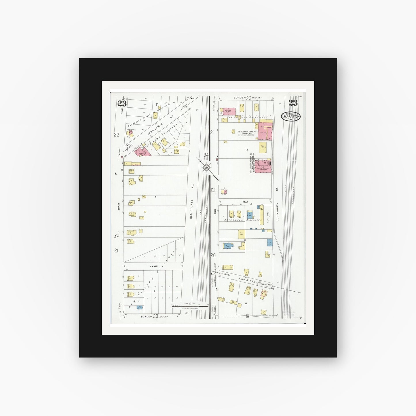 Old map wall art mockup — black gallery frame with white mat — Sanborn Fire Insurance Map from Barberton, Summit County, Ohio (1927), Sheet #0023