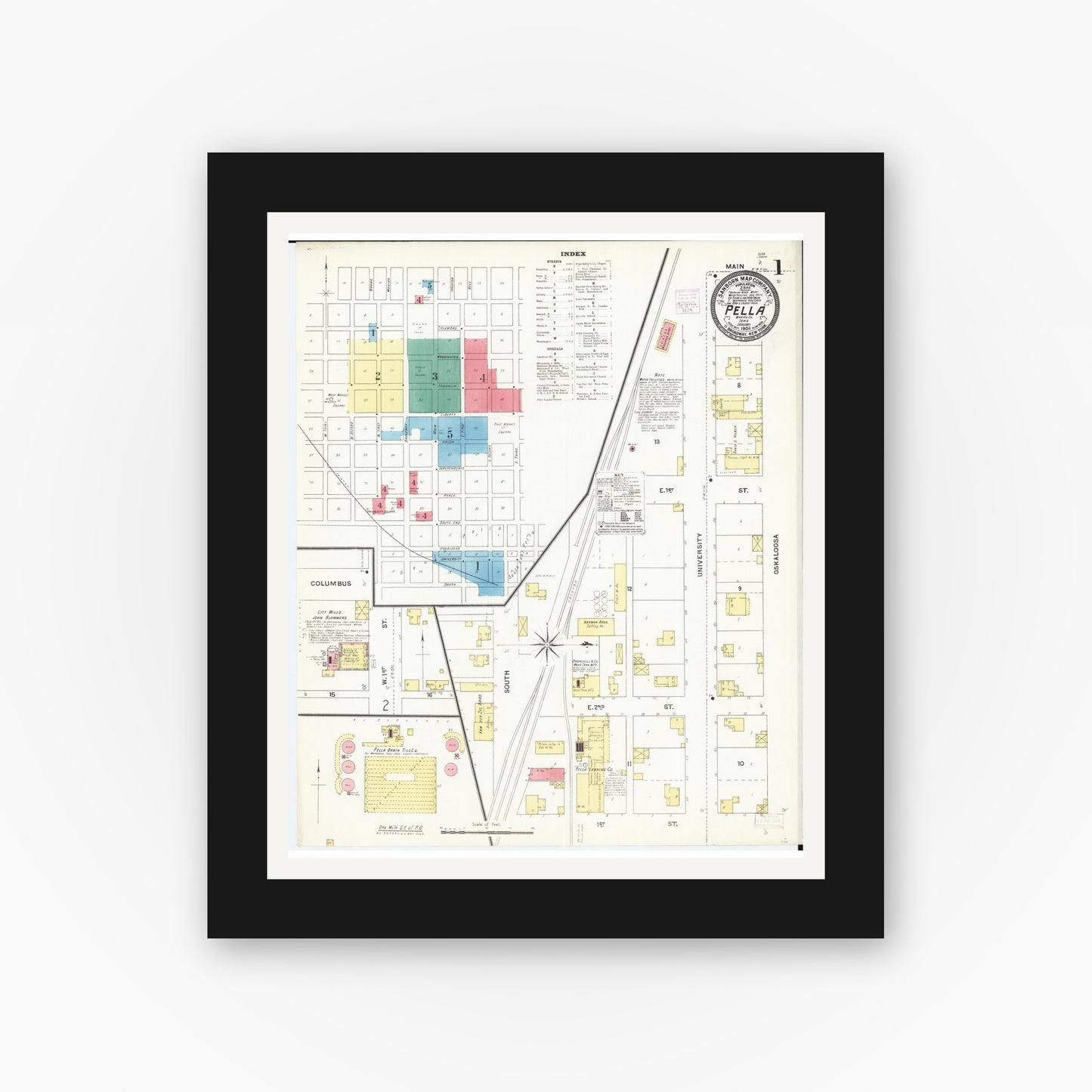 Old map wall art mockup β black gallery frame with white mat β Sanborn Fire Insurance Map from Pella, Marion County, Iowa (1906), Sheet #0001
