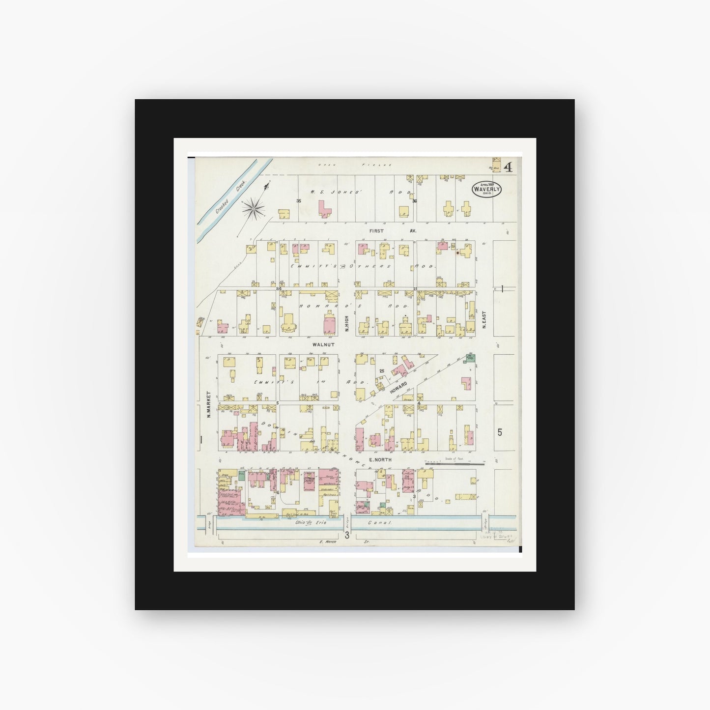 Old map wall art mockup — black gallery frame with white mat — Sanborn Fire Insurance Map from Waverly, Pike County, Ohio (1897), Sheet #0004