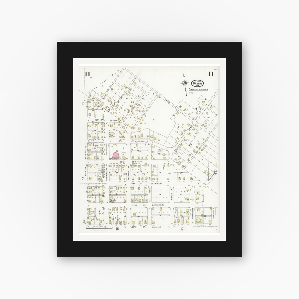 Old map wall art mockup — black gallery frame with white mat — Sanborn Fire Insurance Map from Bryan, Brazos County, Texas (1925), Sheet #0011