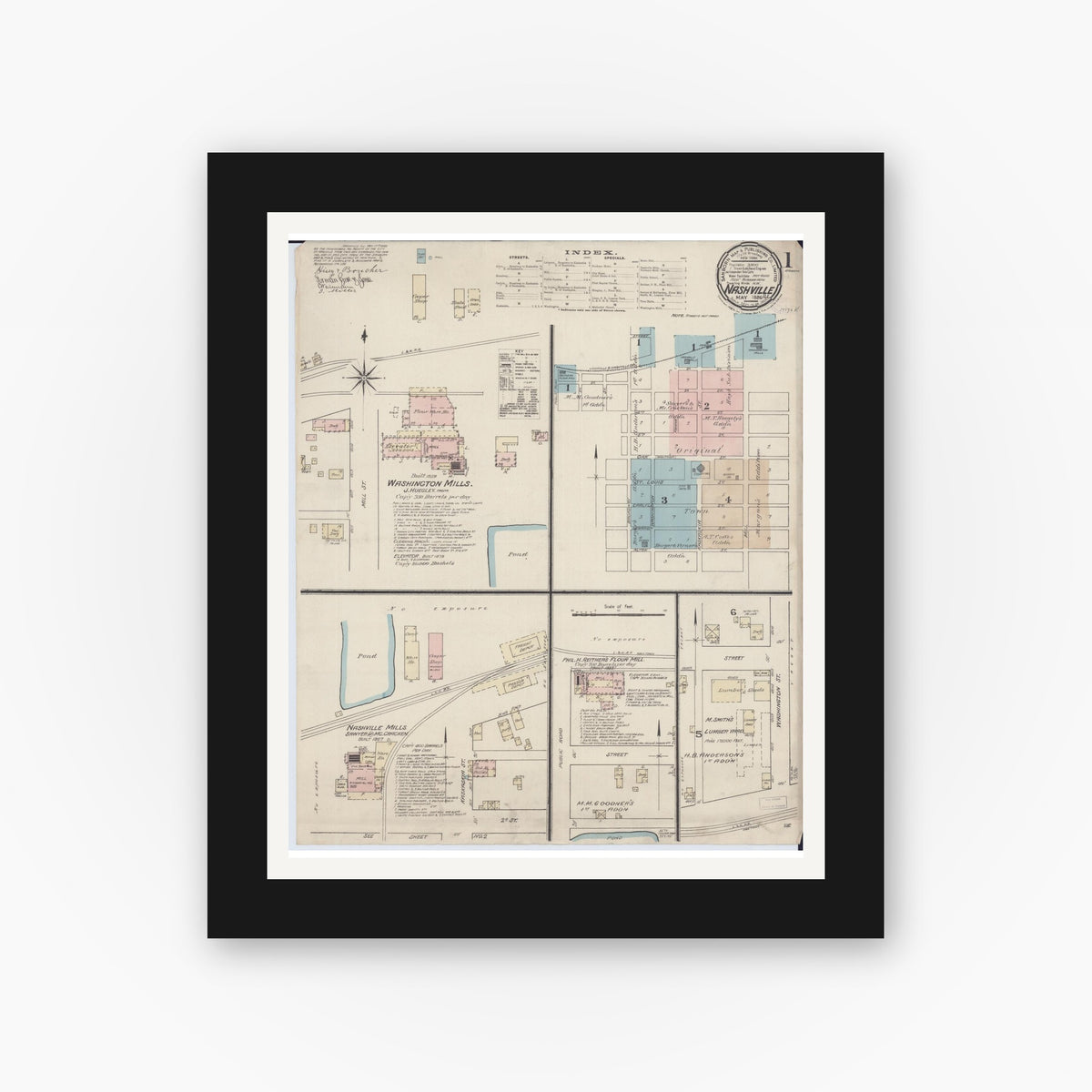 Old map wall art mockup — black gallery frame with white mat — Sanborn Fire Insurance Map from Nashville, Washington County, Illinois (1886) - Complete Map Set
