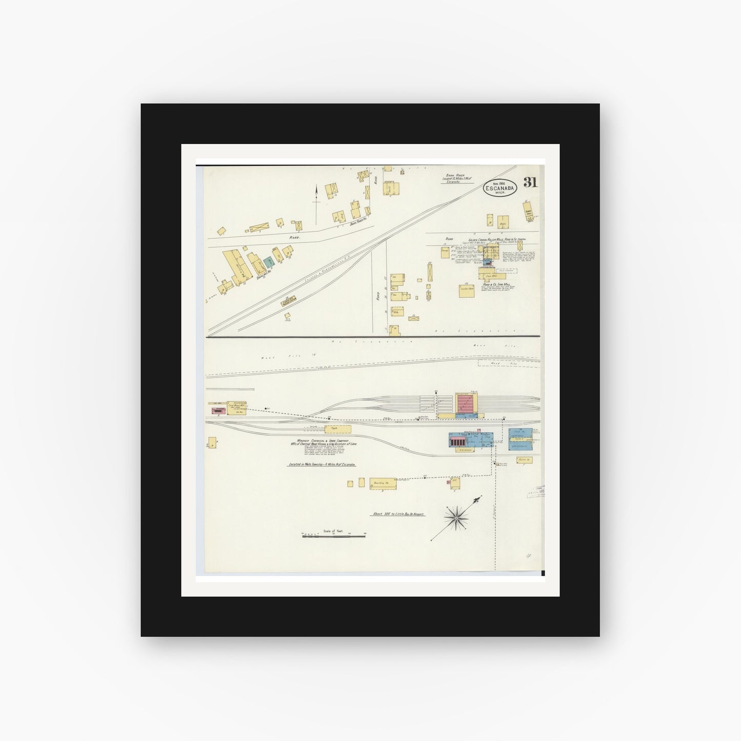 Old map wall art mockup — black gallery frame with white mat — Sanborn Fire Insurance Map from Escanaba, Delta County, Michigan (1906), Sheet #0031