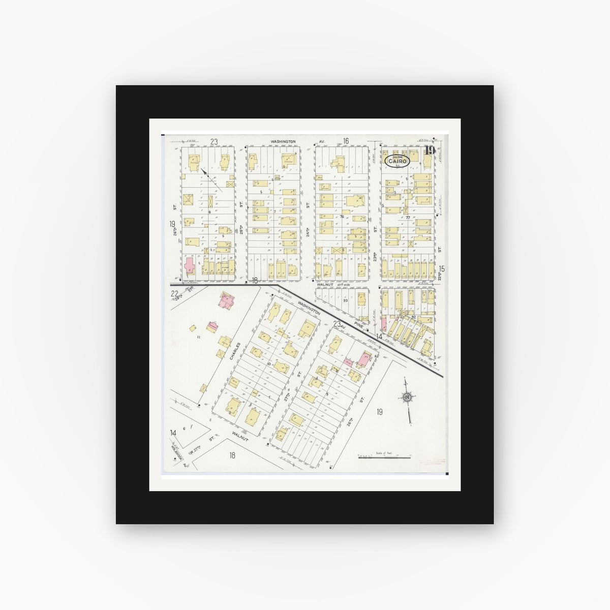 Old map wall art mockup — black gallery frame with white mat — Sanborn Fire Insurance Map from Cairo, Alexander County, Illinois (1914), Sheet #0019