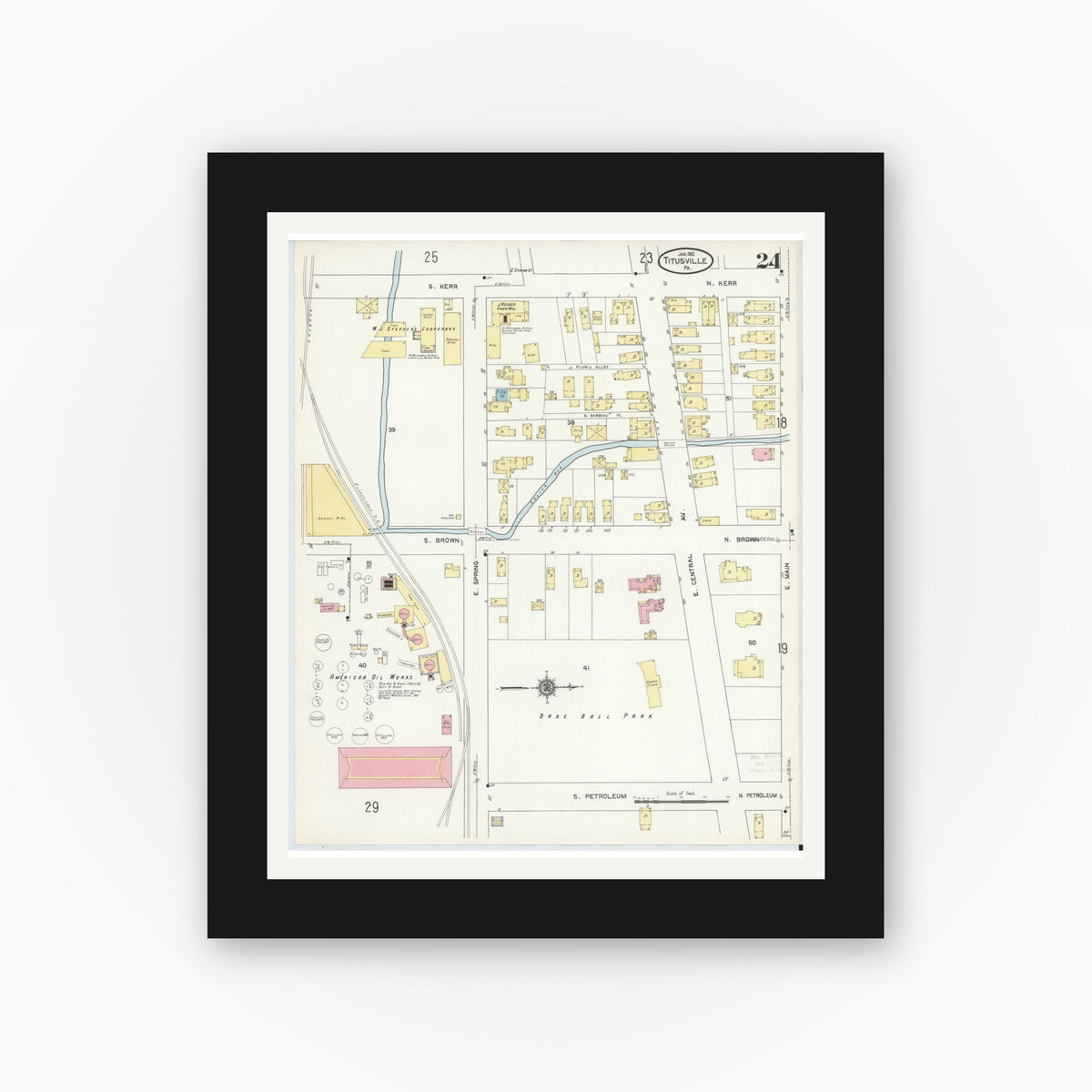 Old map wall art mockup — black gallery frame with white mat — Sanborn Fire Insurance Map from Titusville, Crawford County, Pennsylvania (1912), Sheet #0024