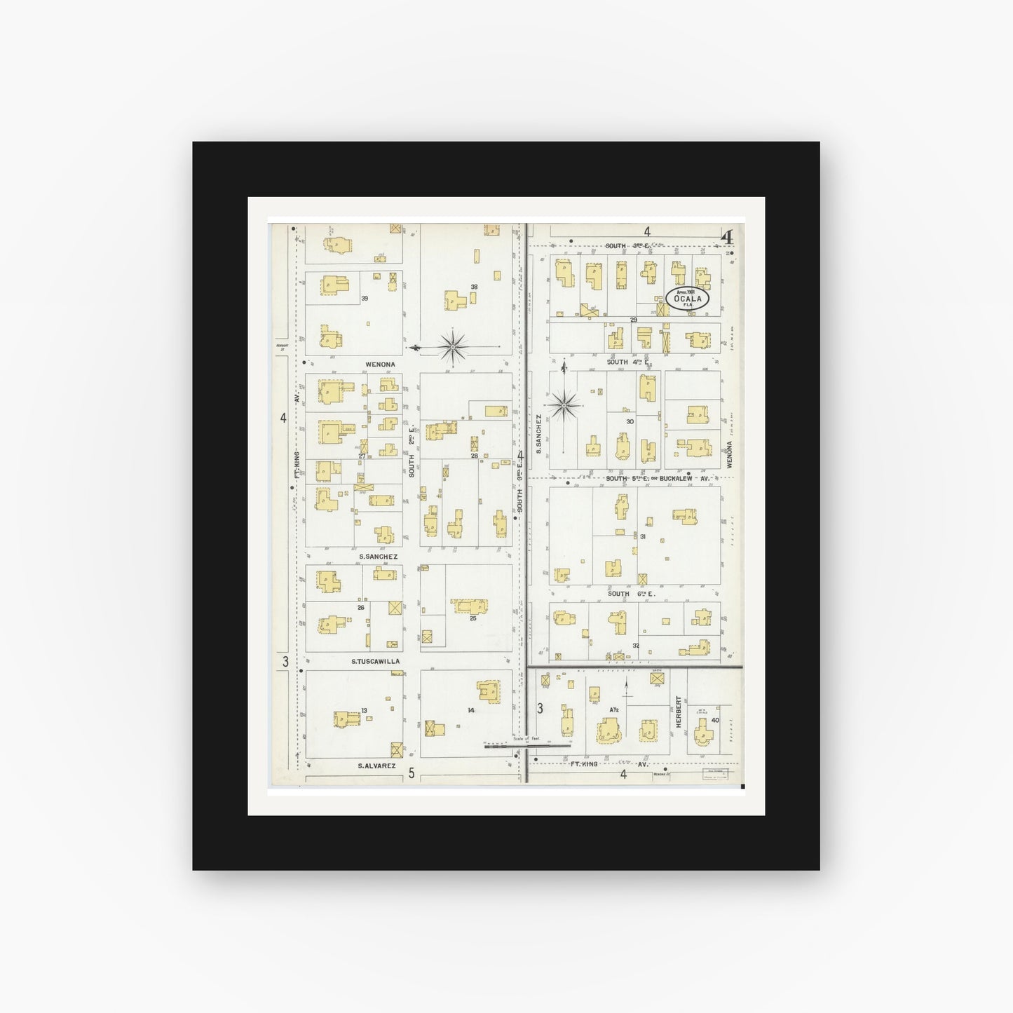 Old map wall art mockup — black gallery frame with white mat — Sanborn Fire Insurance Map from Ocala, Marion County, Florida (1901), Sheet #0004