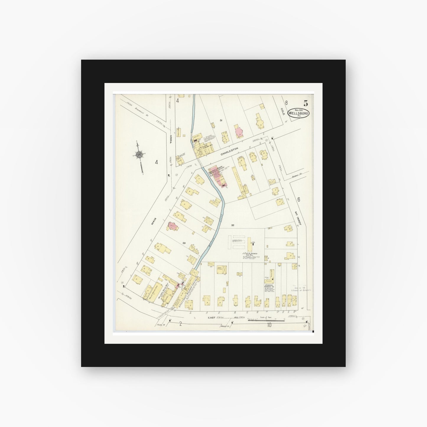 Old map wall art mockup — black gallery frame with white mat — Sanborn Fire Insurance Map from Wellsboro, Tioga County, Pennsylvania (1910), Sheet #0005