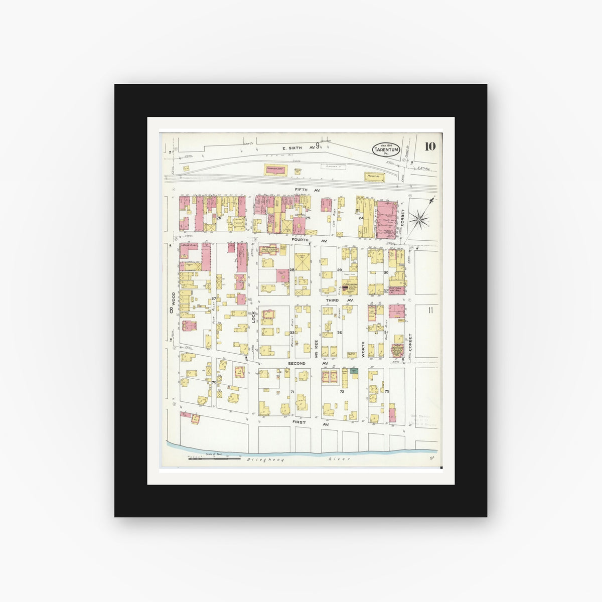 Old map wall art mockup — black gallery frame with white mat — Sanborn Fire Insurance Map from Tarentum, Allegheny County, Pennsylvania (1909), Sheet #0010