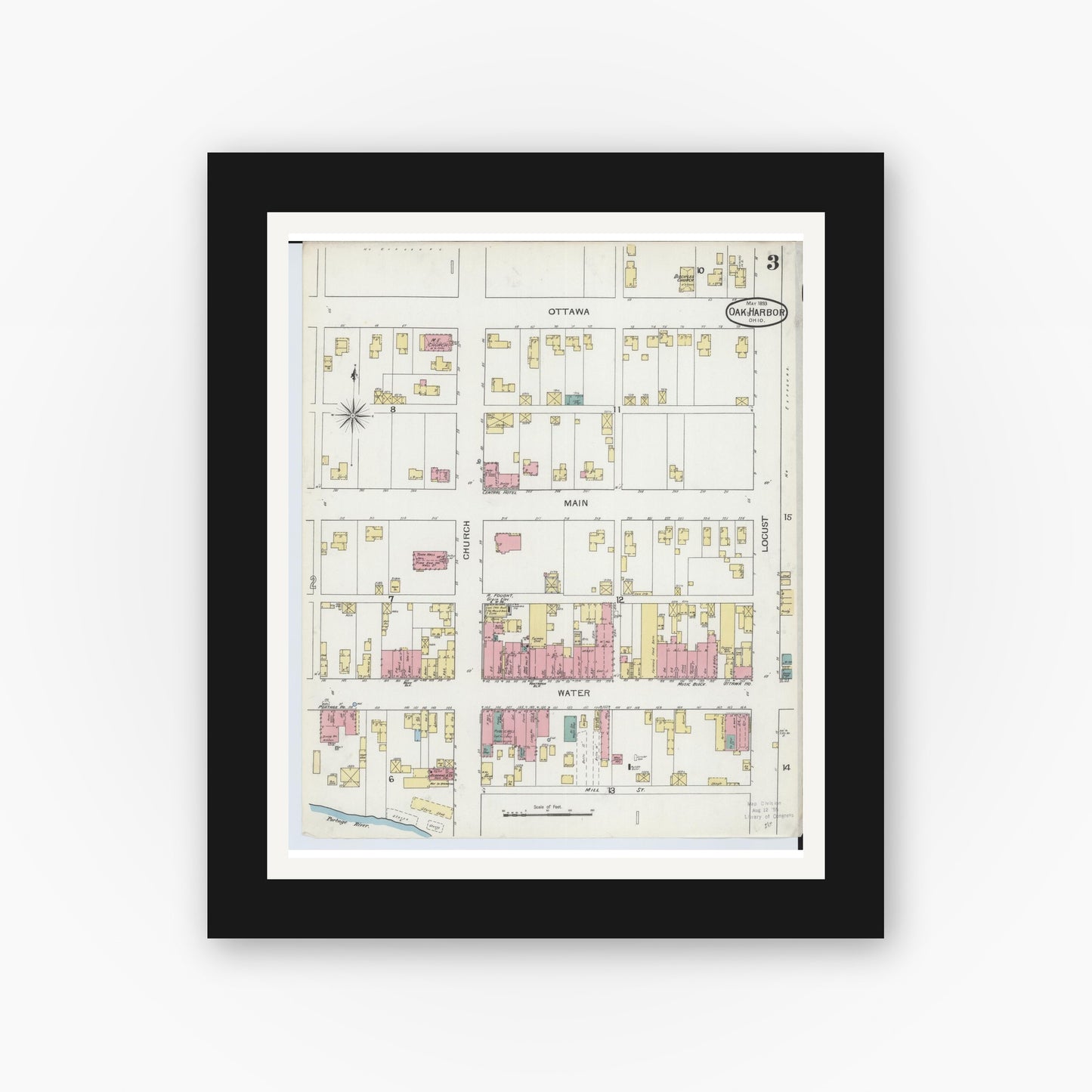 Old map wall art mockup — black gallery frame with white mat — Sanborn Fire Insurance Map from Oak Harbor, Ottawa County, Ohio (1893), Sheet #0003