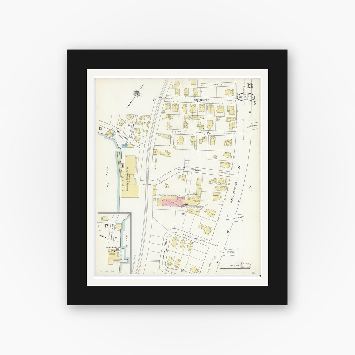 Old map wall art mockup — black gallery frame with white mat — Sanborn Fire Insurance Map from Arlington, Middlesex County, Massachusetts (1914), Sheet #0013
