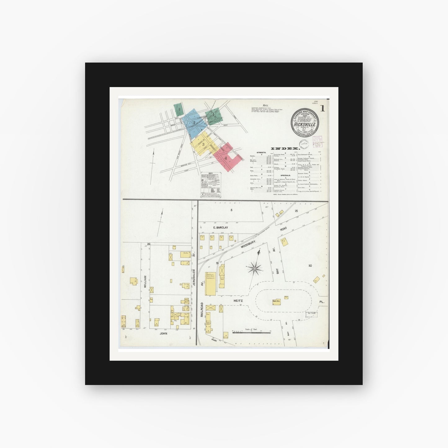 Old map wall art mockup — black gallery frame with white mat — Sanborn Fire Insurance Map from Hicksville, Nassau County, New York (1902), Sheet #0001