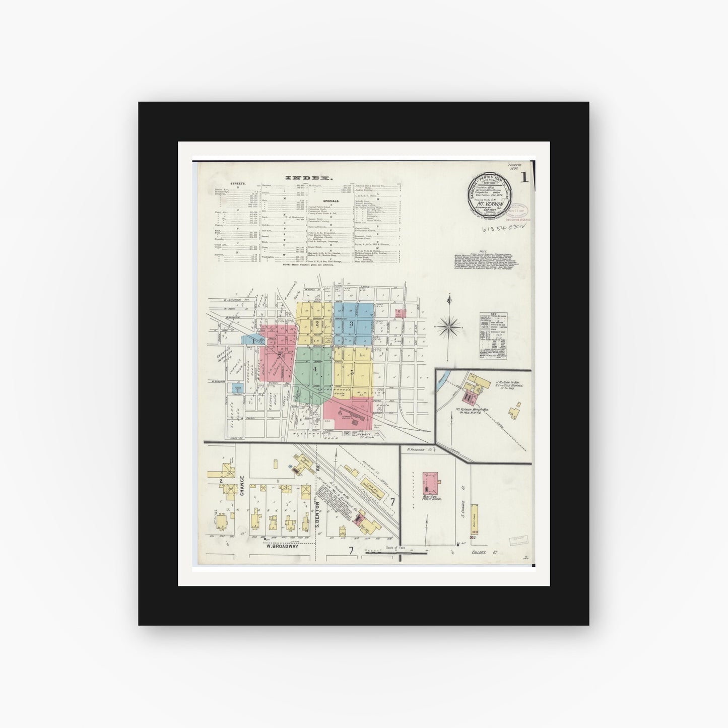 Old map wall art mockup — black gallery frame with white mat — Sanborn Fire Insurance Map from Mount Vernon, Jefferson County, Illinois (1897) - Complete Map Set