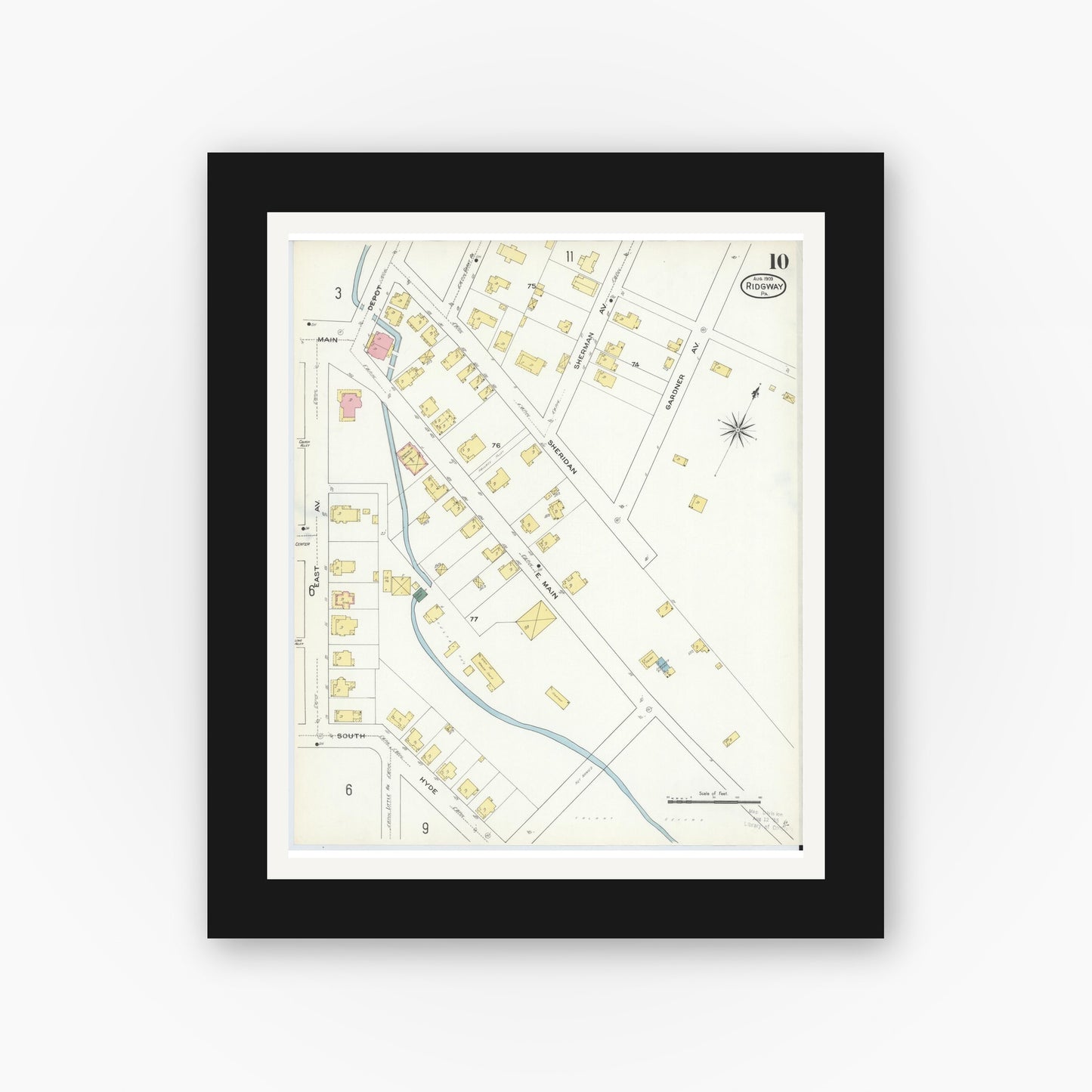 Old map wall art mockup — black gallery frame with white mat — Sanborn Fire Insurance Map from Ridgway, Elk County, Pennsylvania (1909), Sheet #0010