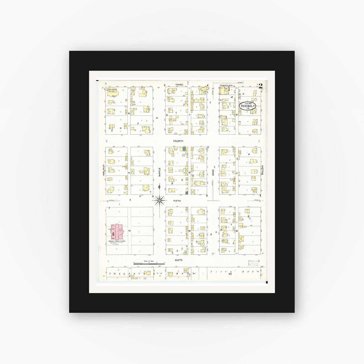 Old map wall art mockup — black gallery frame with white mat — Sanborn Fire Insurance Map from Odebolt, Sac County, Iowa (1909), Sheet #0002