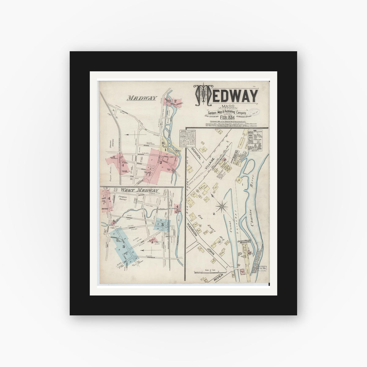 Old map wall art mockup — black gallery frame with white mat — Sanborn Fire Insurance Map from Medway, Norfolk County, Massachusetts (1884) - Complete Map Set