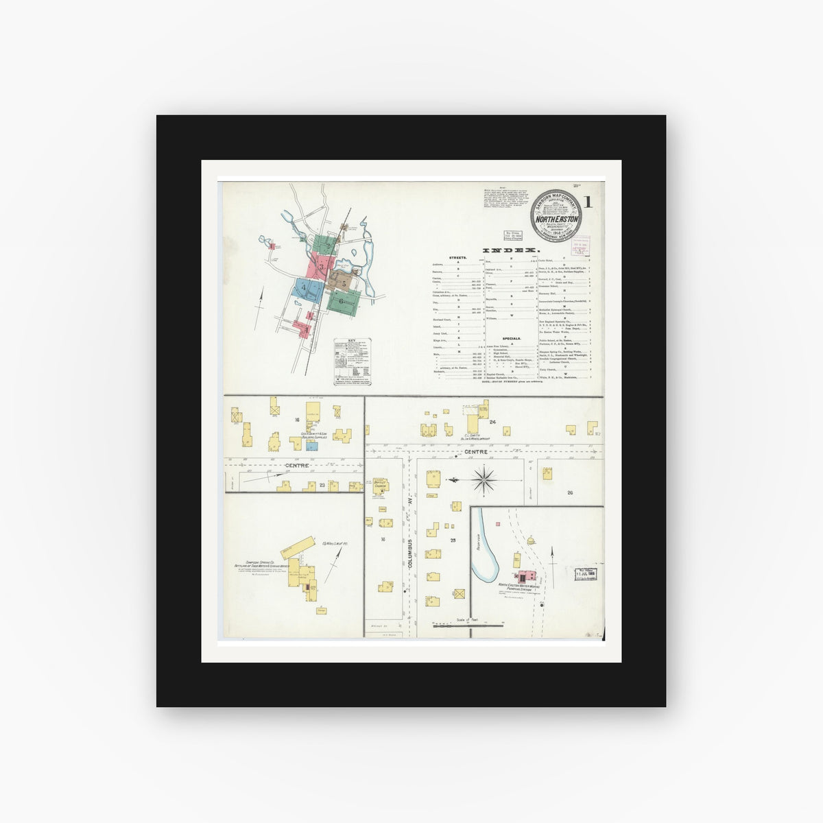 Old map wall art mockup — black gallery frame with white mat — Sanborn Fire Insurance Map from North Easton, Bristol County, Massachusetts (1903), Sheet #0001