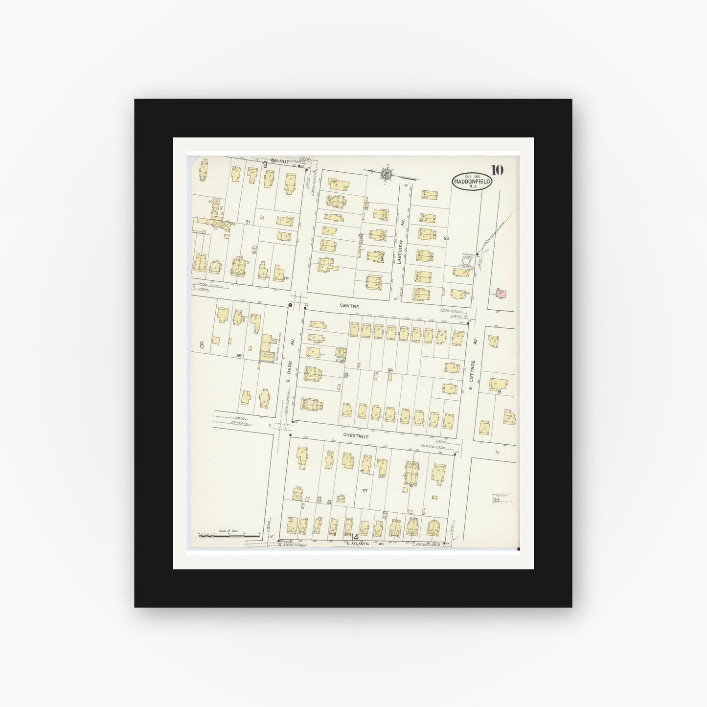 Old map wall art mockup — black gallery frame with white mat — Sanborn Fire Insurance Map from Haddonfield, Camden County, New Jersey (1914), Sheet #0010
