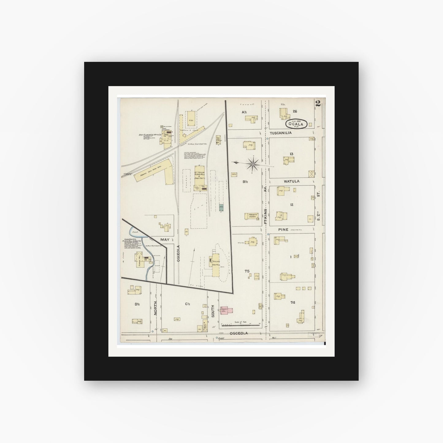 Old map wall art mockup — black gallery frame with white mat — Sanborn Fire Insurance Map from Ocala, Marion County, Florida (1888), Sheet #0002