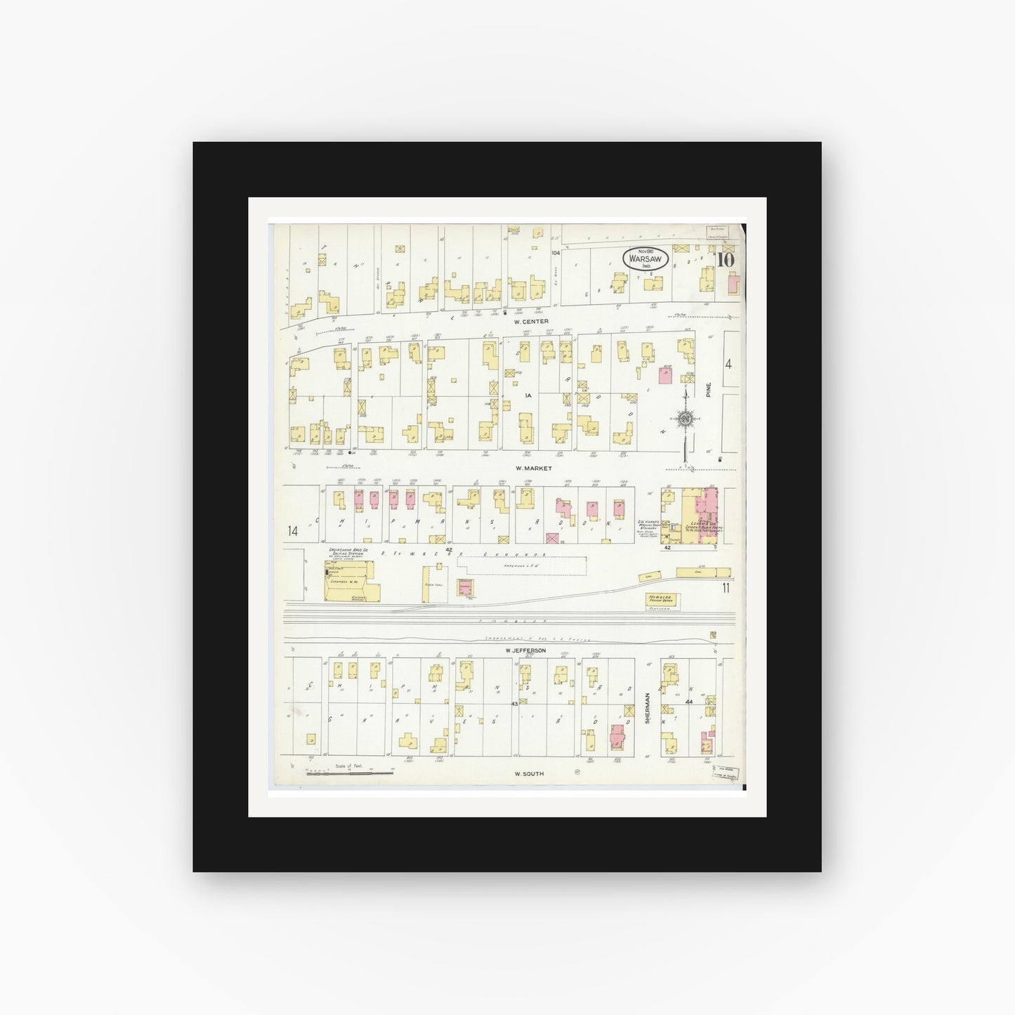Old map wall art mockup — black gallery frame with white mat — Sanborn Fire Insurance Map from Warsaw, Kosciusko County, Indiana (1910), Sheet #0010
