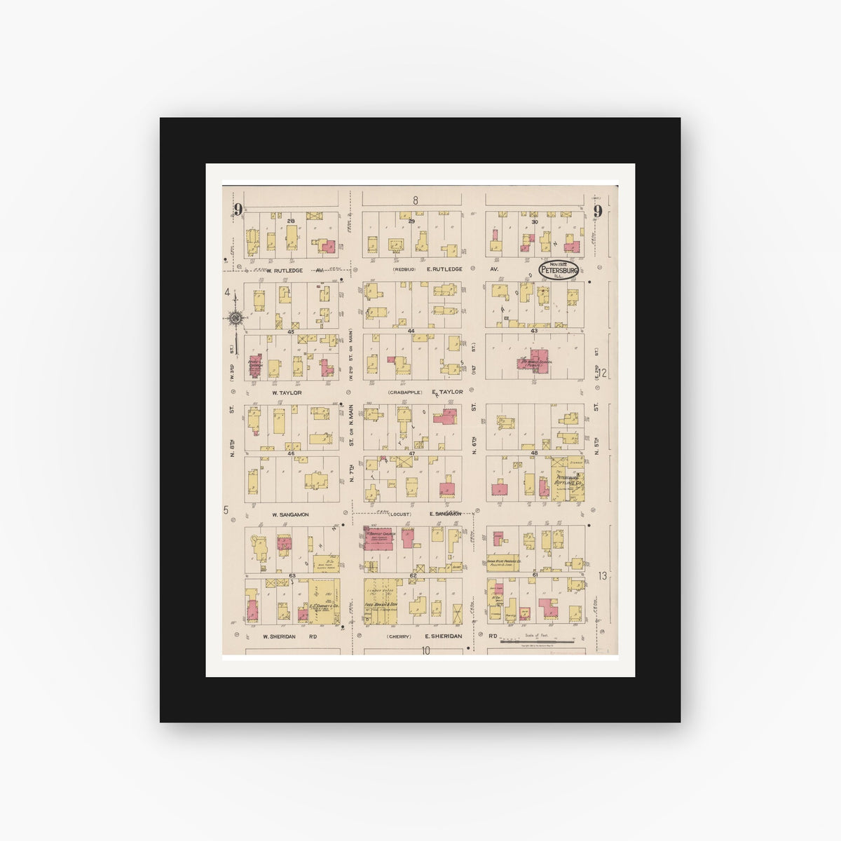 Old map wall art mockup — black gallery frame with white mat — Sanborn Fire Insurance Map from Petersburg, Menard County, Illinois (1922), Sheet #0009