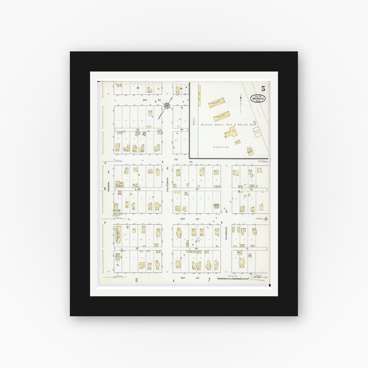 Old map wall art mockup — black gallery frame with white mat — Sanborn Fire Insurance Map from Morris, Stevens County, Minnesota (1915), Sheet #0005