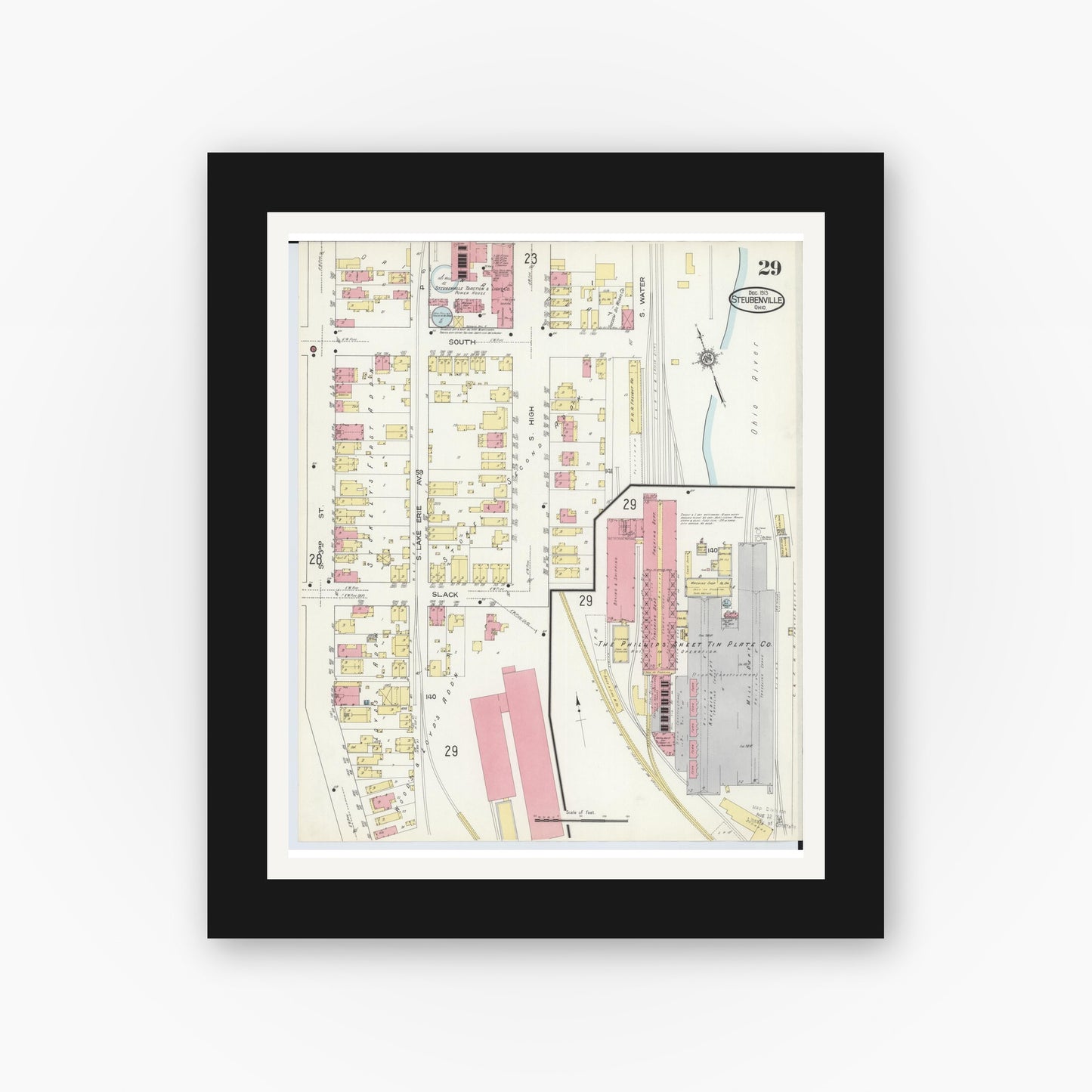Old map wall art mockup — black gallery frame with white mat — Sanborn Fire Insurance Map from Steubenville, Jefferson County, Ohio (1913), Sheet #0029