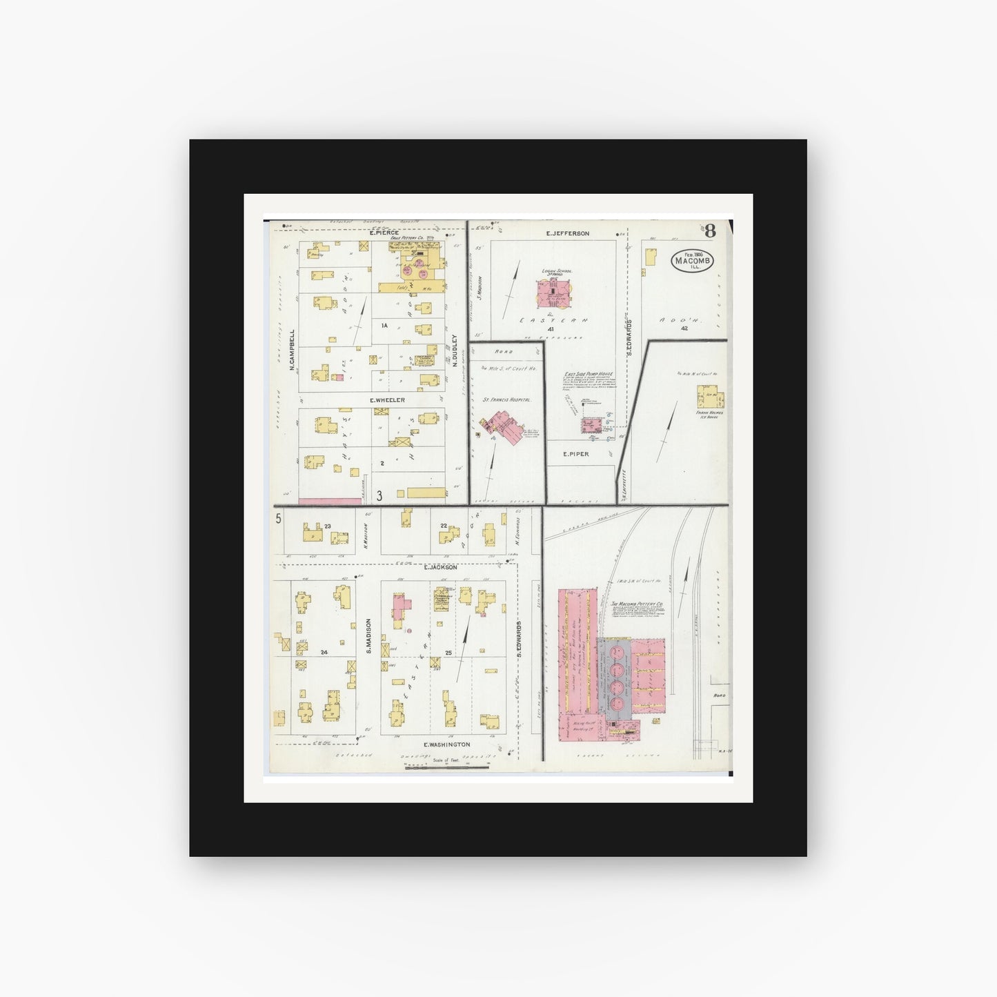 Old map wall art mockup — black gallery frame with white mat — Sanborn Fire Insurance Map from Macomb, Mcdonough County, Illinois (1906), Sheet #0008