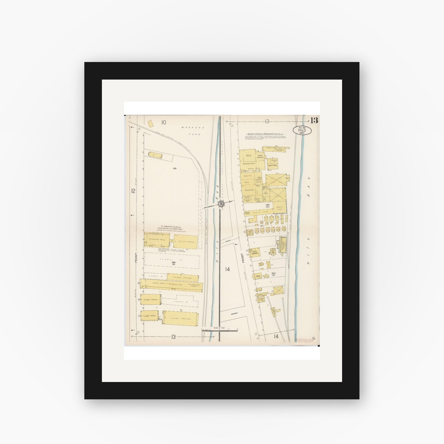 Old map wall art mockup — black gallery frame with white mat — Sanborn Fire Insurance Map from Hilo, Hawaii County, Hawaii (1914), Sheet #0013