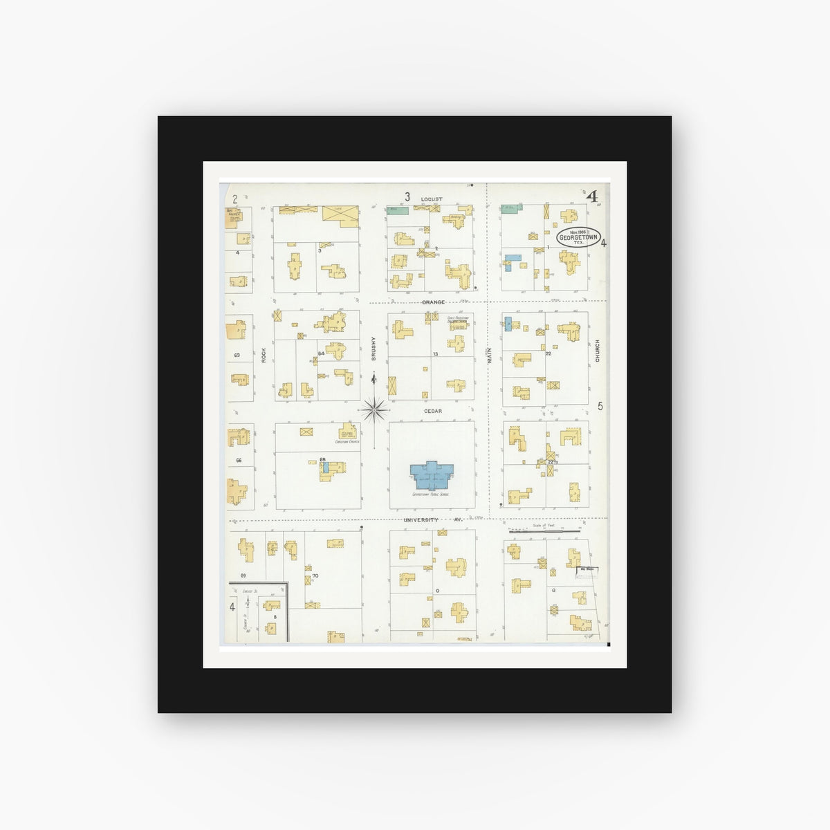 Old map wall art mockup — black gallery frame with white mat — Sanborn Fire Insurance Map from Georgetown, Williamson County, Texas (1905), Sheet #0004