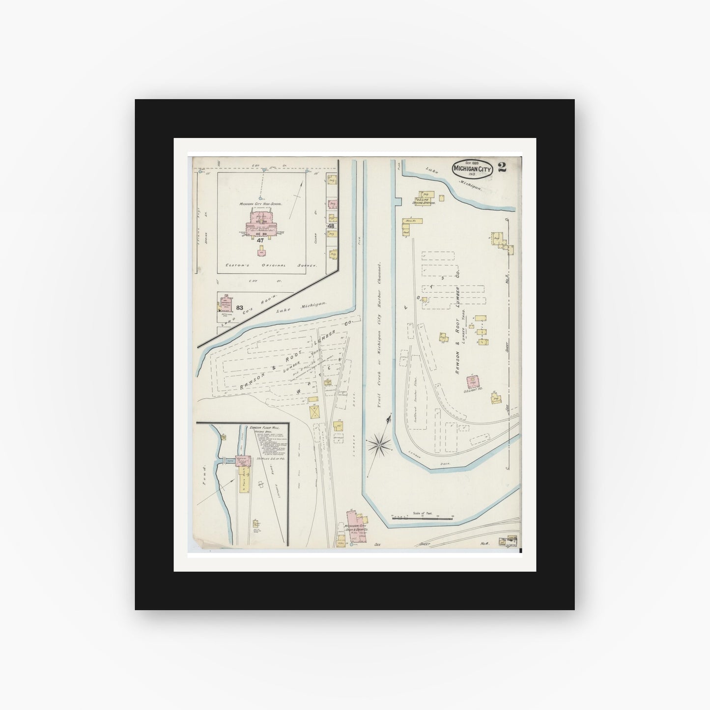 Old map wall art mockup — black gallery frame with white mat — Sanborn Fire Insurance Map from Michigan City, La Porte County, Indiana (1889), Sheet #0002
