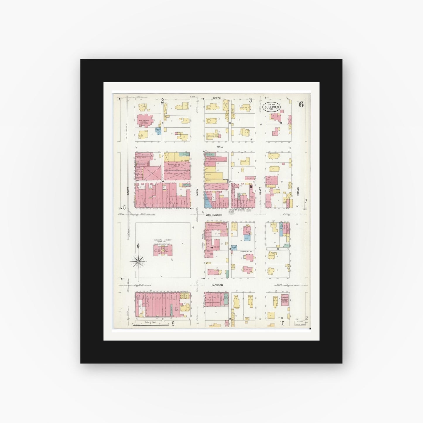 Old map wall art mockup — black gallery frame with white mat — Sanborn Fire Insurance Map from Sullivan, Sullivan County, Indiana (1907), Sheet #0006